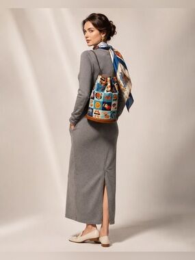 RARE Vintage Gucci 1980s Novelty Print Canvas Bucket Backpack‎ Leather Trim